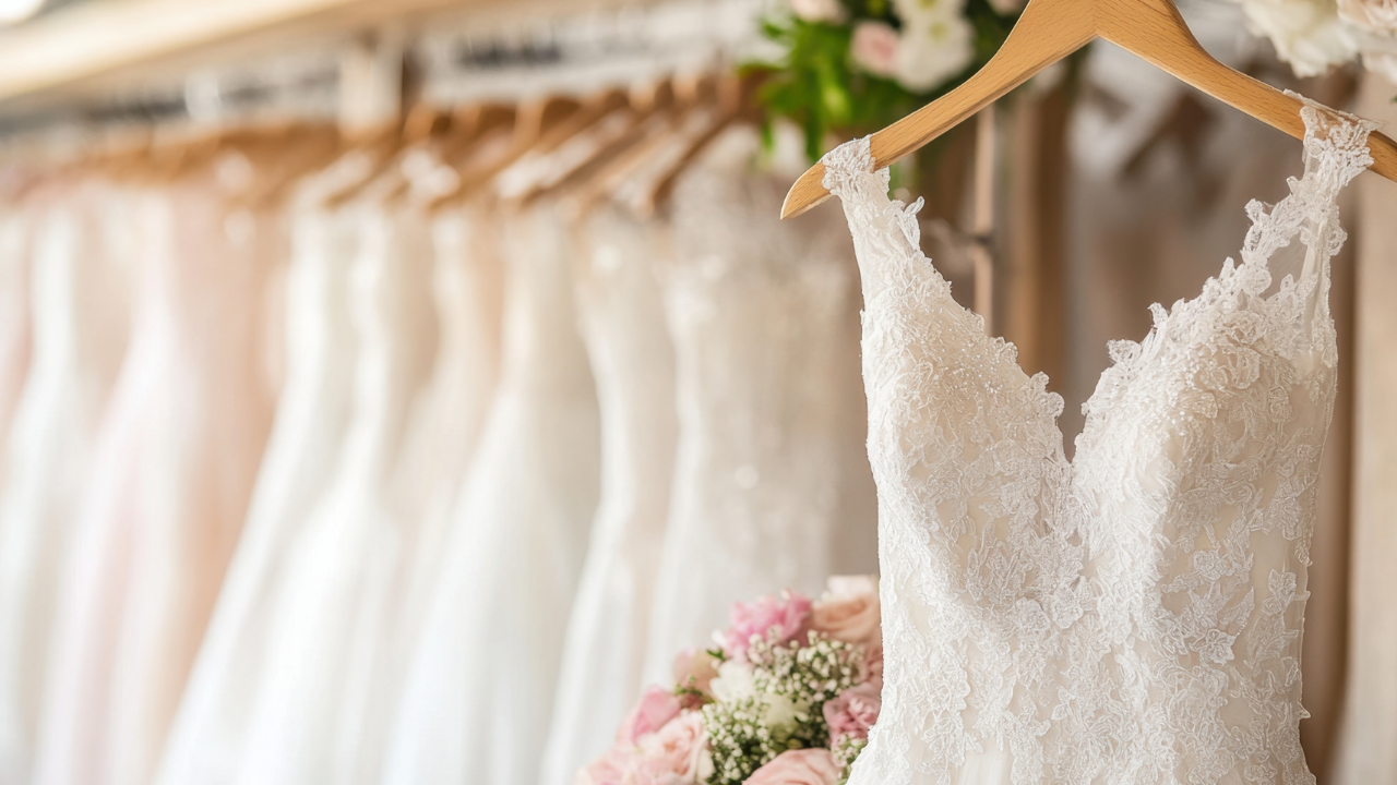 さまざまなデザインのウェディングドレスがハンガーにかけられている画像。