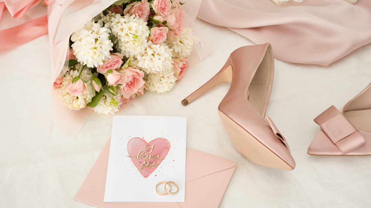 ドレスやハイヒール、結婚指輪やブーケ。ブライダル関連の小物の画像。